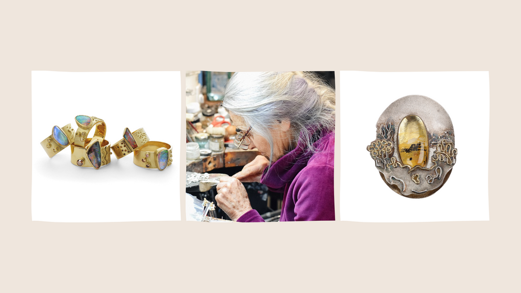 A pale background with three square images. The first shows a group of gold rings with opals. The second shows Michele White, a white woman with white hair, glasses, and a purple fleece, working at her workbench. The third shows a detailed silver brooch with a gemstone in the centre.
