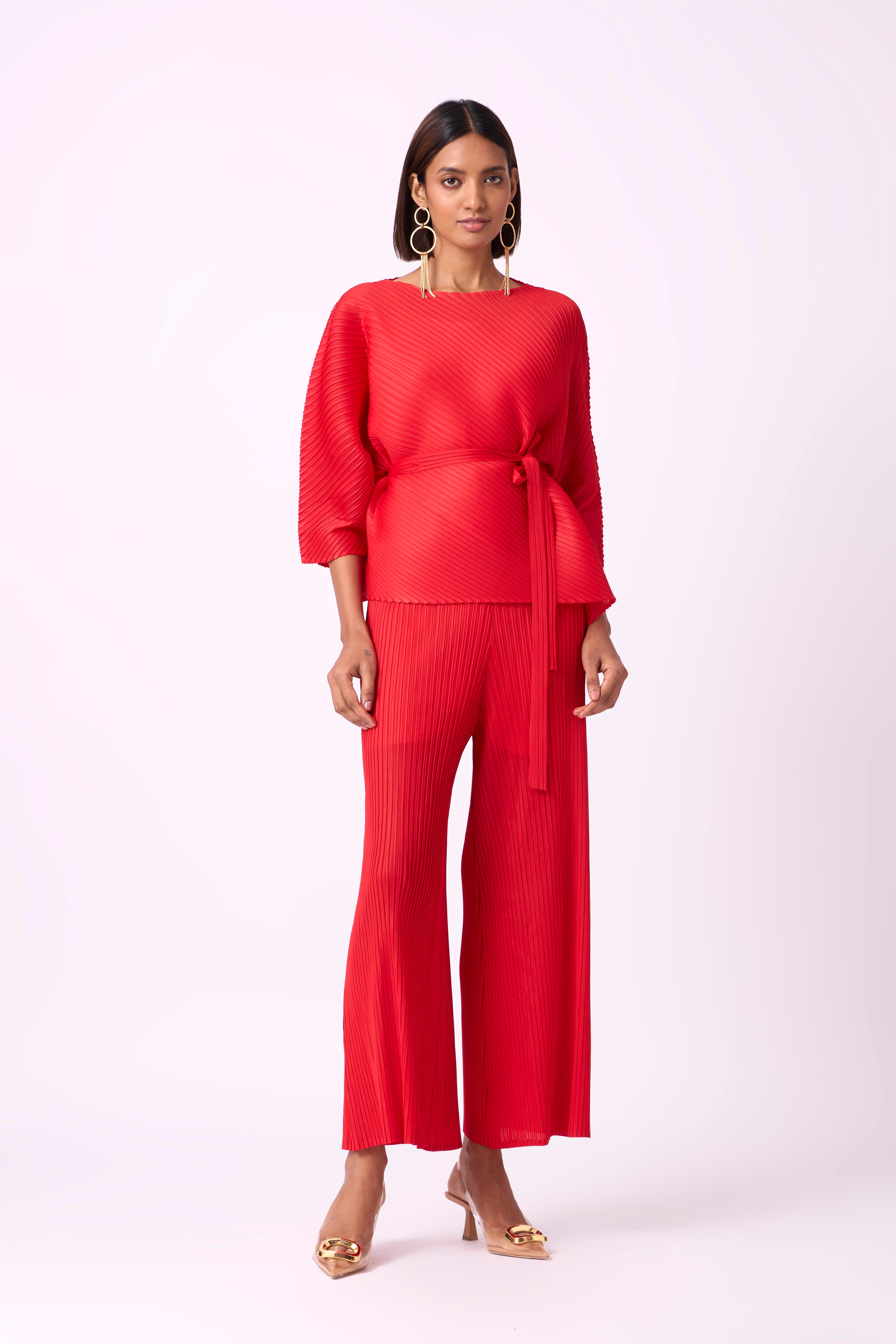 Paisley Peplum Top With Coordinated Straight Pants - Red