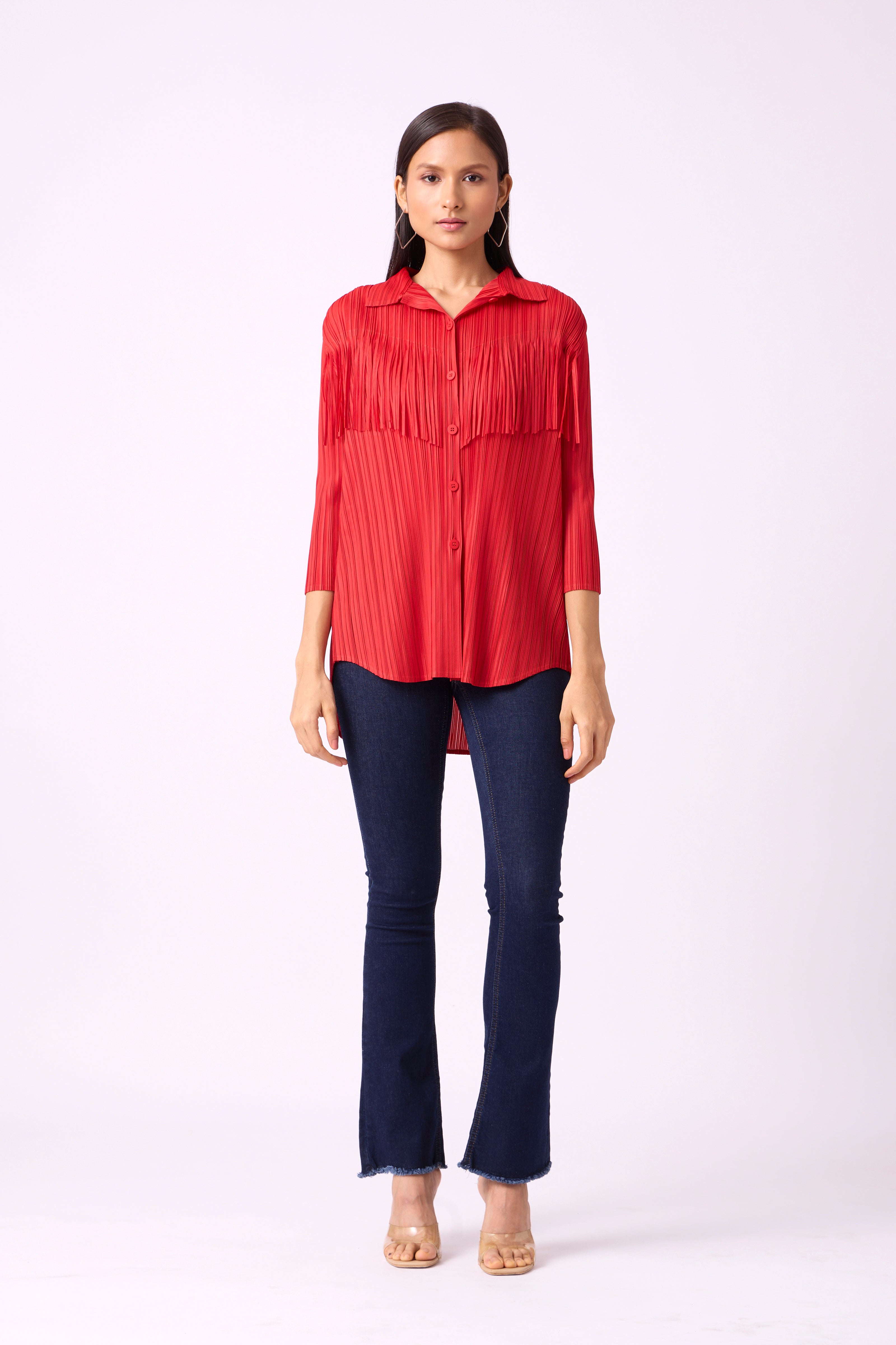 Paisley Peplum Top With Coordinated Straight Pants - Red