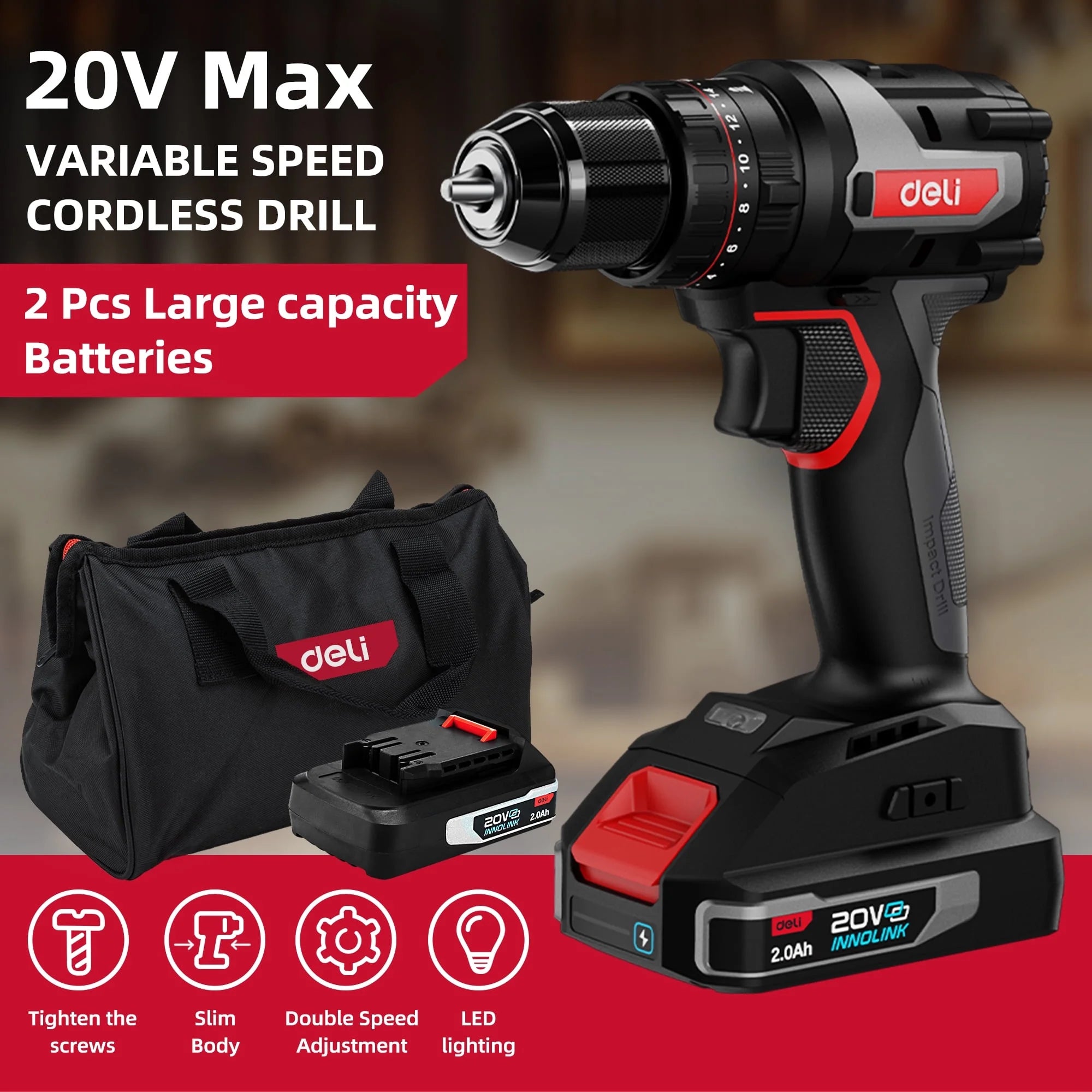 Deli 20V MAX Cordless Impact Drill/Driver Kit,3/8-Inch 50 Nm Power Drill Set , (2) 2.0 Ah Lithium-Ion Batteries,Charger and Storage Bag included