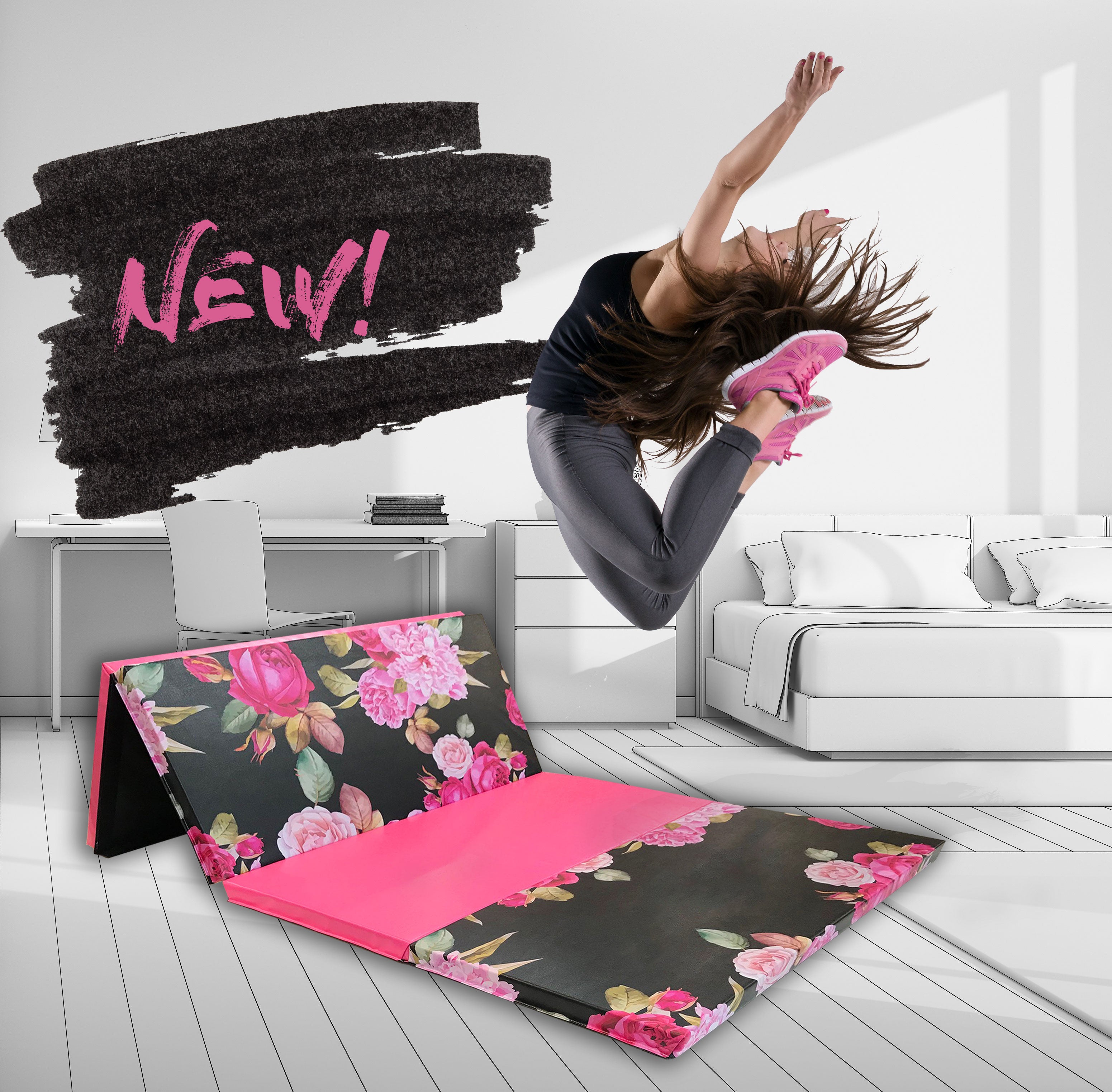 Black And Pink Peony Folding Gymnastics Mat Ak Athletic Equipment