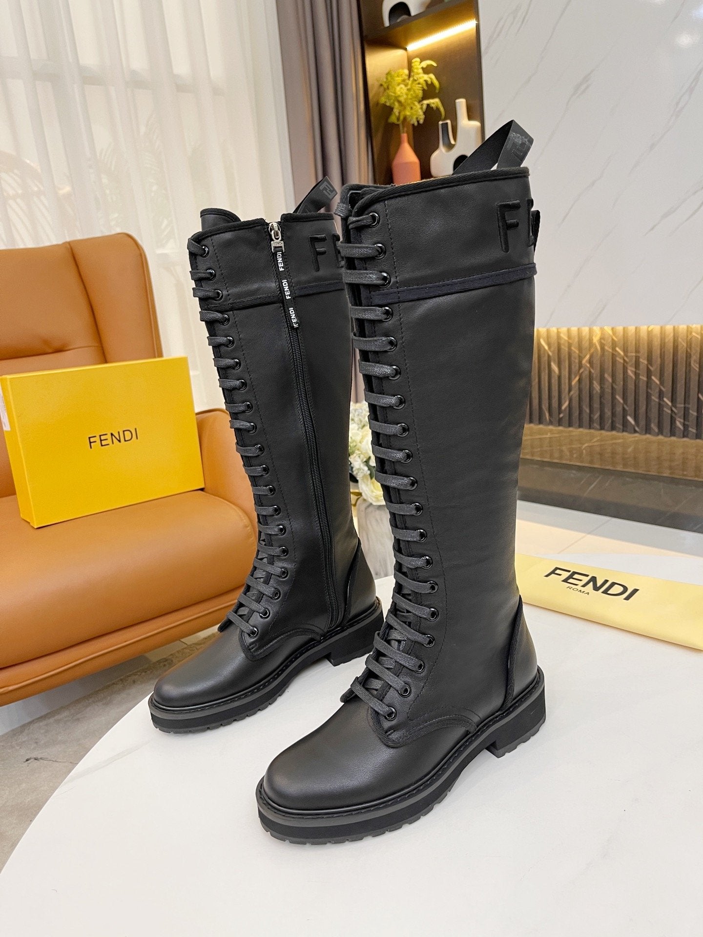 FENDI Trending Women's men Leather Side Zip Lace-up Ankle Boots Shoes High Boots08210gh