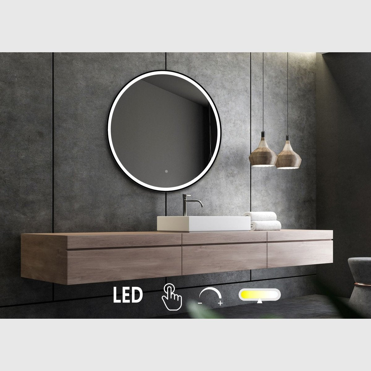 Se Nordic Bad Janni-2 rundt spejl med sort ramme og front belysning - Ø60 hos Bad&Design
