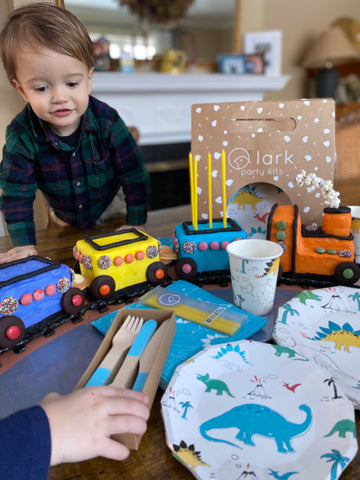 Freddie admiring his train birthday cake and dinosaur party kit