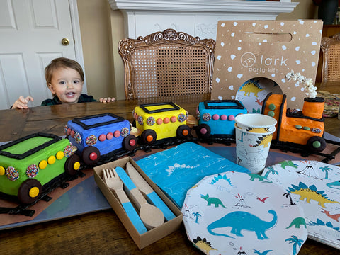 Freddie admiring his birthday party set up including dinosaur party kit and train cake