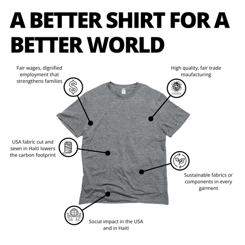 A Better Shirt For A Better World graphic. Social Impact. Made in Haiti. Sustainable Fabrics. High quality, fair trade manufacturing. USA fabric cut and sewn in Haiti lowers the carbon footprint. Fair wages, dignified employment that strengthens families.