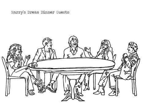 Black and white line drawing of Harry Styles with his dream dinner guests sat around a table.
