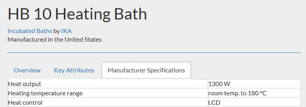 Manufacturer specifications for the HB 10 Heating Bath.