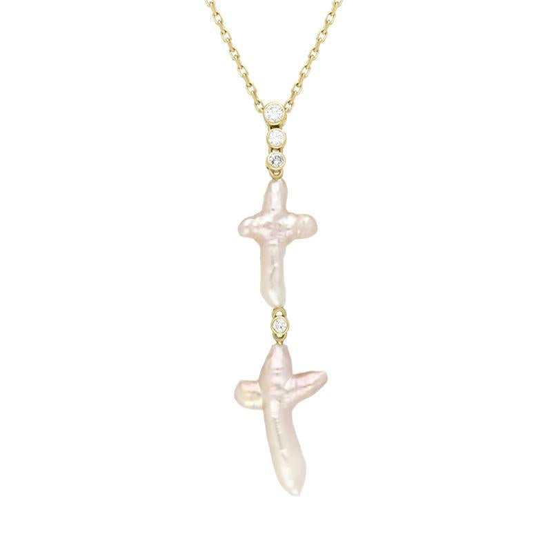 18ct Yellow Gold Pink Mother of Pearl 0.10ct Diamond Unique Double Cross Necklace