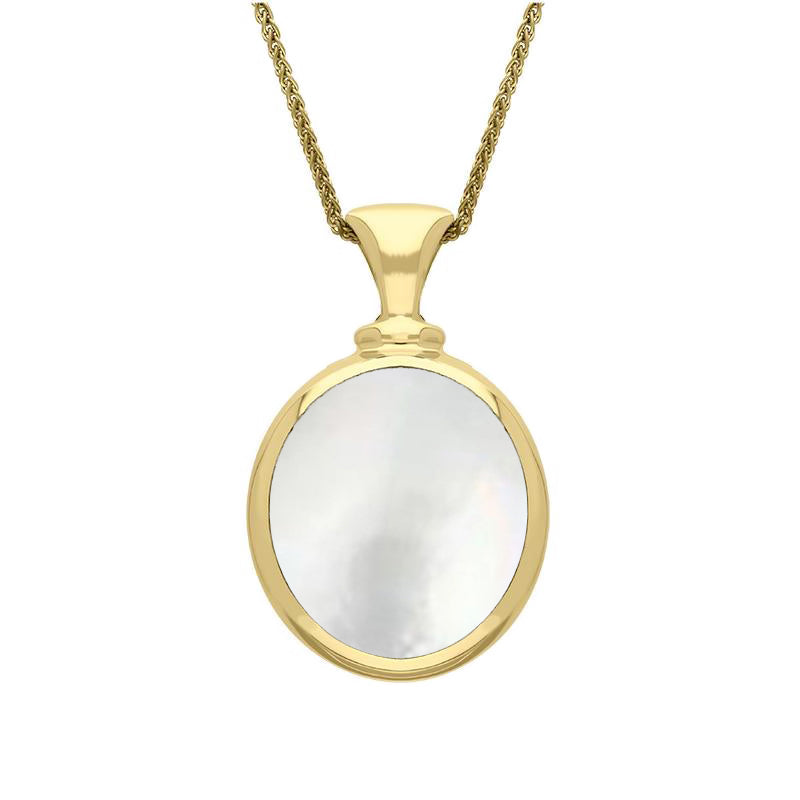 18ct Yellow Gold Blue John Mother Of Pearl Small Double Sided Oval Fob Necklace