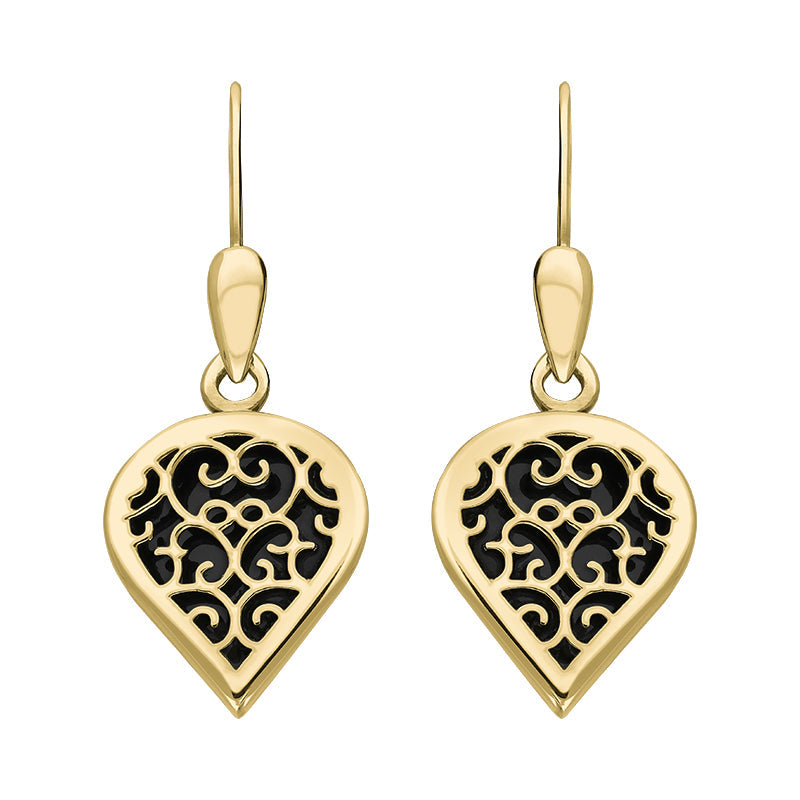 18ct Yellow Gold Whitby Jet Flore Filigree Heart Drop Earrings