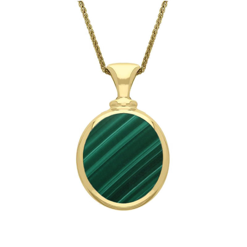 18ct Yellow Gold Whitby Jet Malachite Small Double Sided Oval Fob Necklace