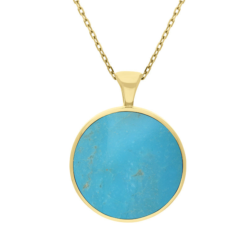 18ct Yellow Gold Whitby Jet Turquoise Large Double Sided Round Fob Necklace