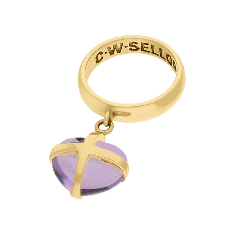 18ct Yellow Gold Amethyst Small Cross Heart Dropper Ring