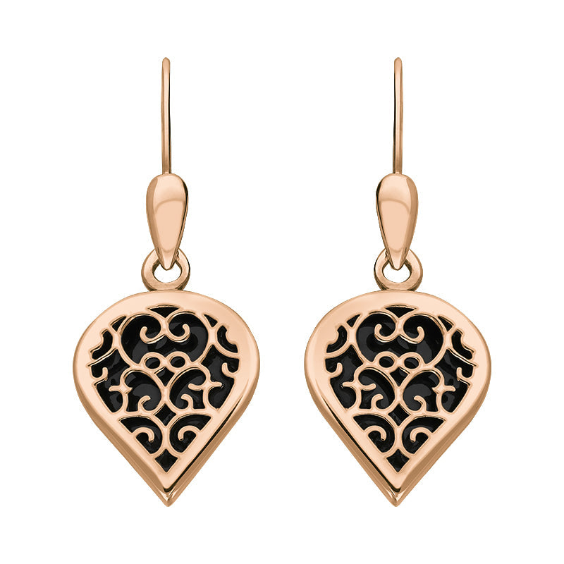 9ct Rose Gold Whitby Jet Flore Filigree Heart Drop Earrings