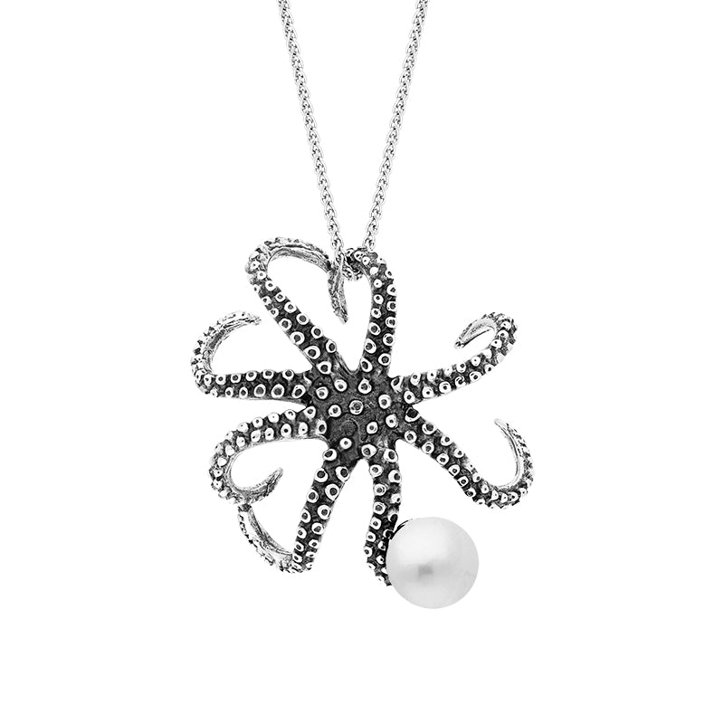 9ct White Gold Freshwater Pearl Bead Octopus Necklace