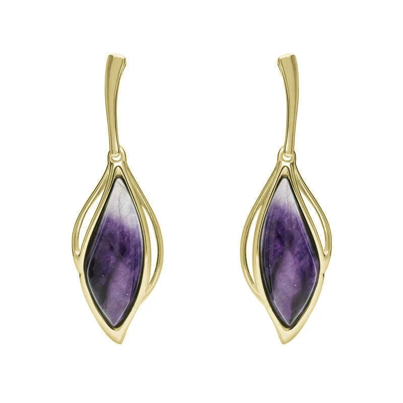 9ct Yellow Gold Blue John Open Marquise Drop Earrings