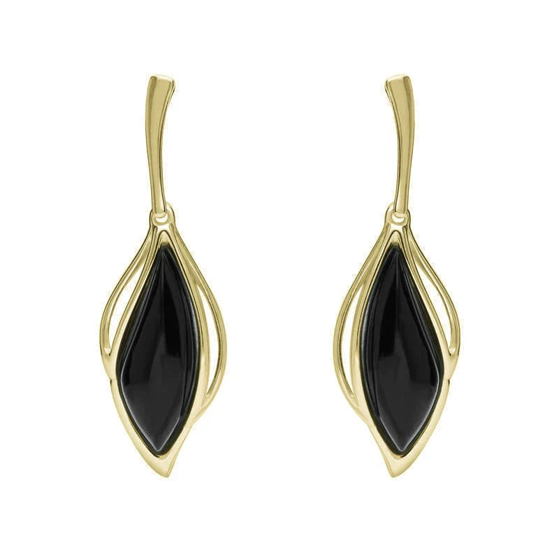 9ct Yellow Gold Whitby Jet Open Marquise Drop Earrings