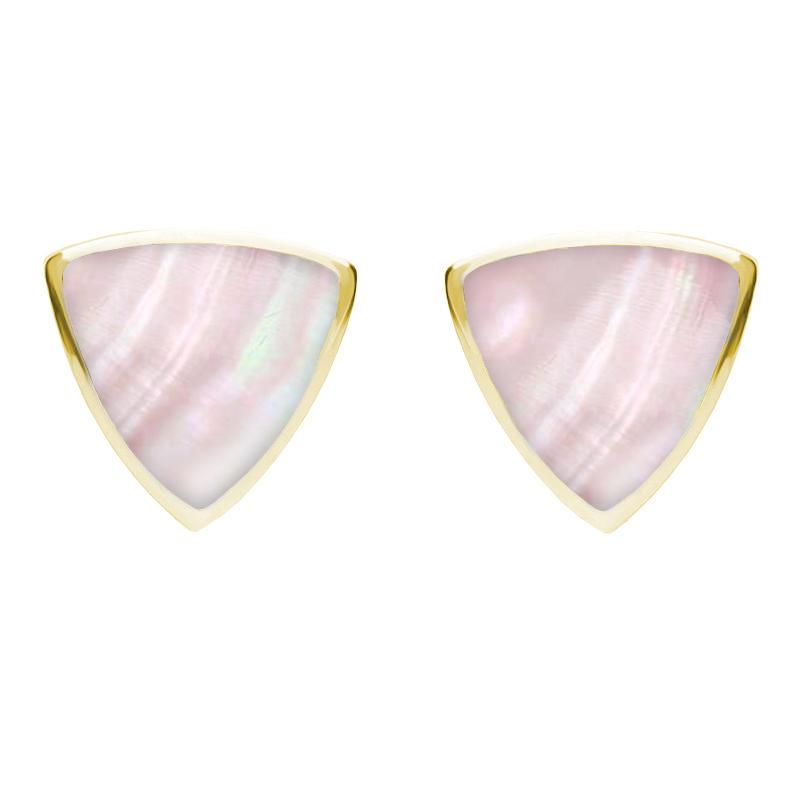 9ct Yellow Gold Pink Mother of Pearl Large Curved Triangle Stud Earrings