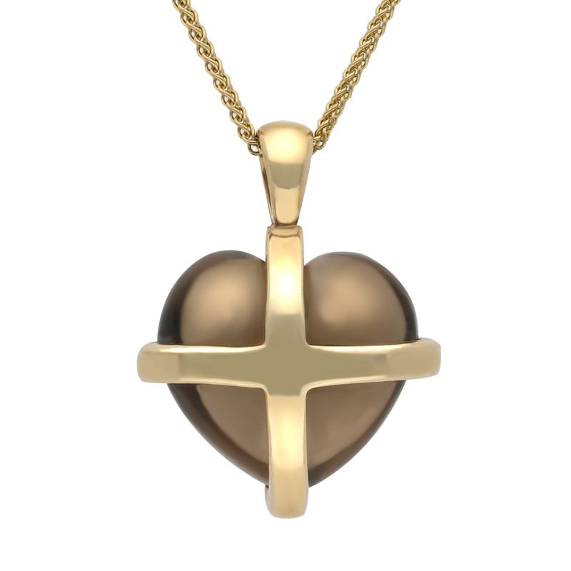 9ct Yellow Gold Smokey Quartz Cross Heart Necklace