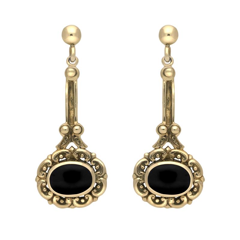 9ct Yellow Gold Whitby Jet Ornate Antique Oval Drop Earrings