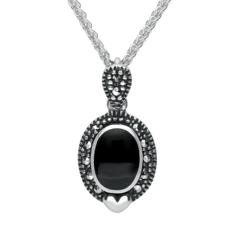 Sterling Silver Whitby Jet Marcasite Oval Framed Edged Necklace D