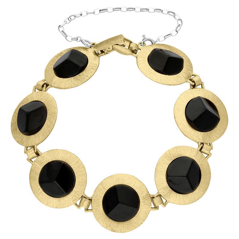 Yellow Gold Plated Sterling Silver Whitby Jet Satin Disc Link Bracelet D