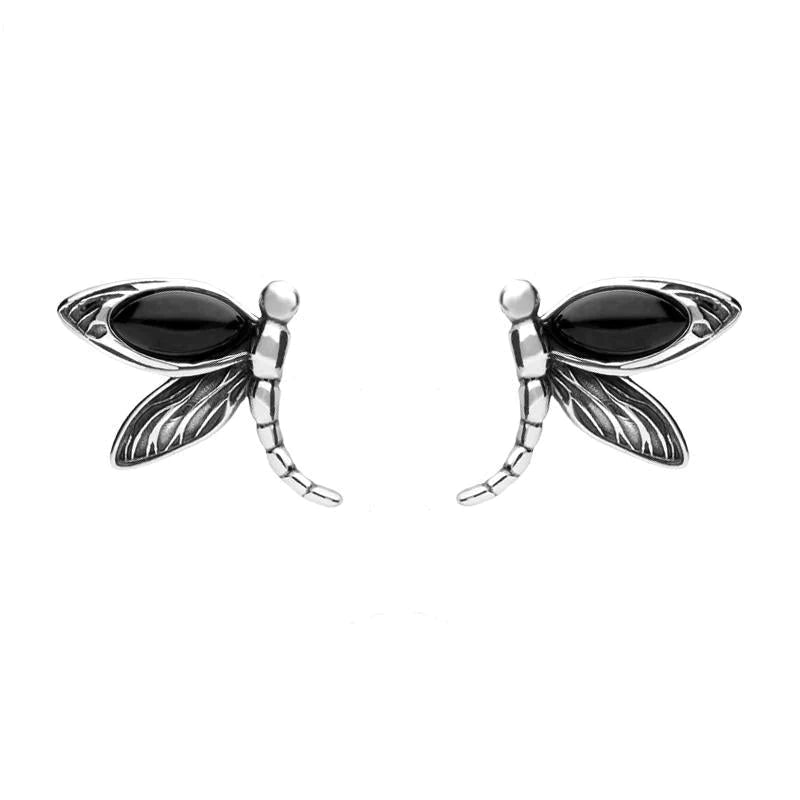 Sterling Silver Whitby Jet Dragonfly Stud Earrings