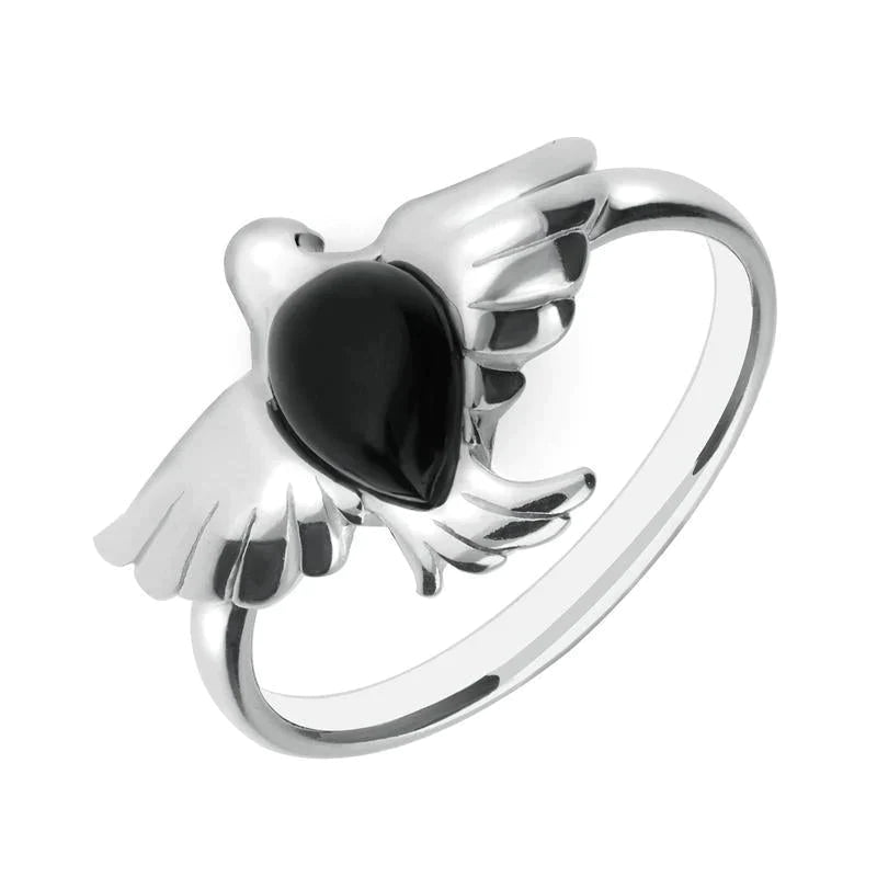 Sterling Silver Whitby Jet Pear Stone Bird Ring