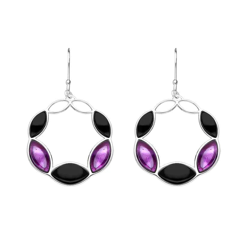 Sterling Silver Whitby Jet Amethyst Five Stone Circle Drop Earrings