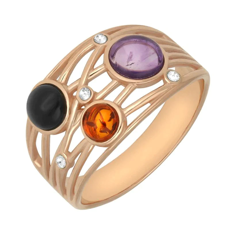 Rose Gold Plated Sterling Silver Whitby Jet Amethyst Amber Bubble Ring