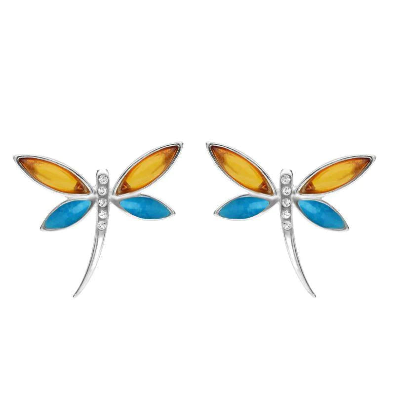 Sterling Silver Amber Turquoise Cubic Zirconia Dragonfly Drop Earrings