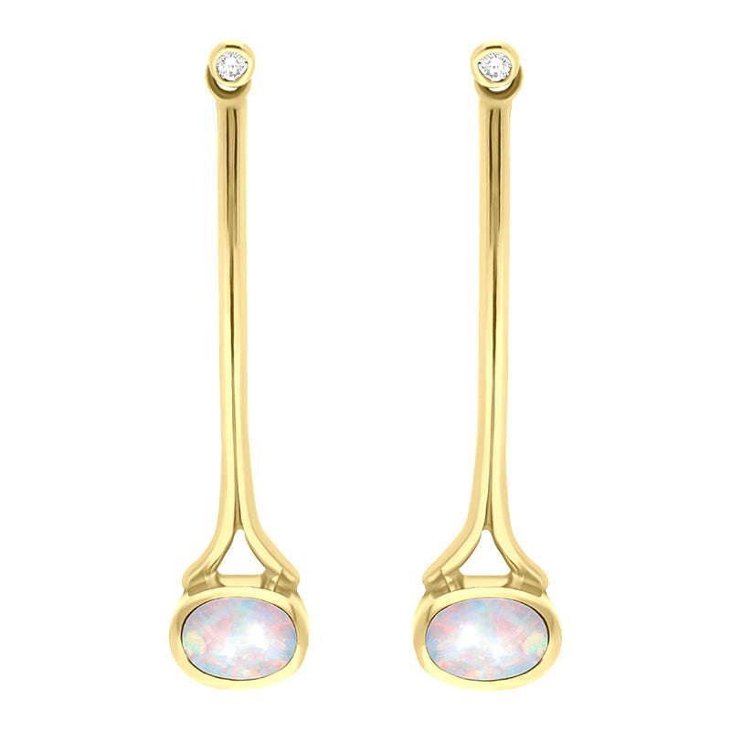 18ct Yellow Gold Opal 0.06ct Diamond Long Drop Earrings