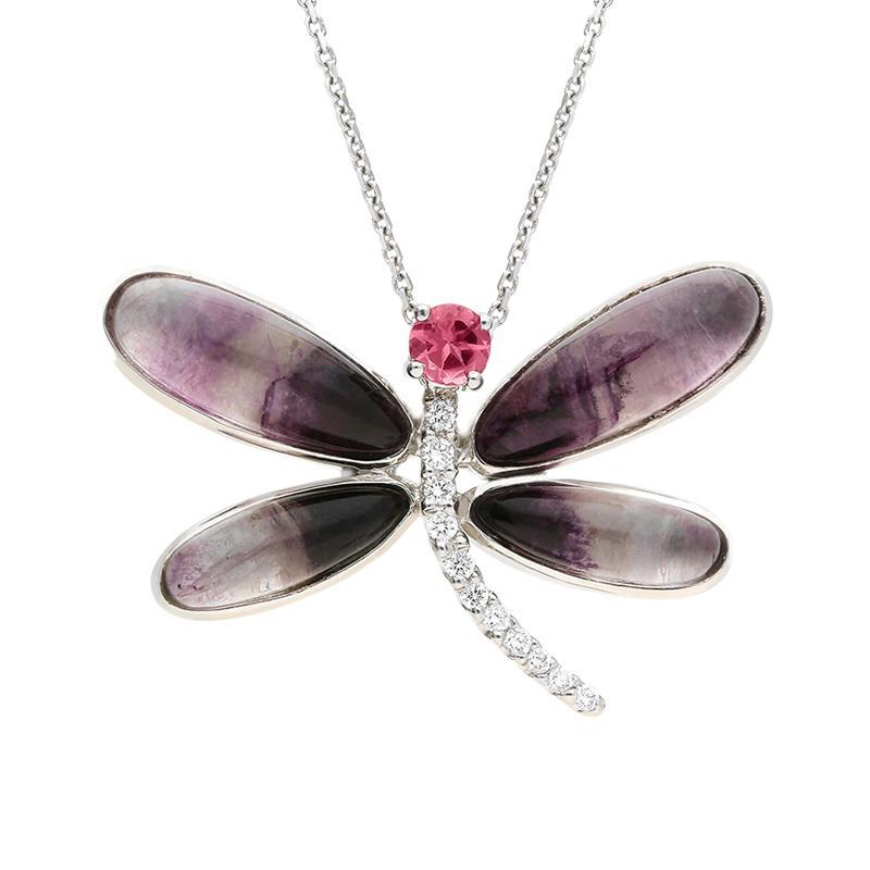 18ct White Gold Blue John Diamond and Rubellite Dragonfly Necklace
