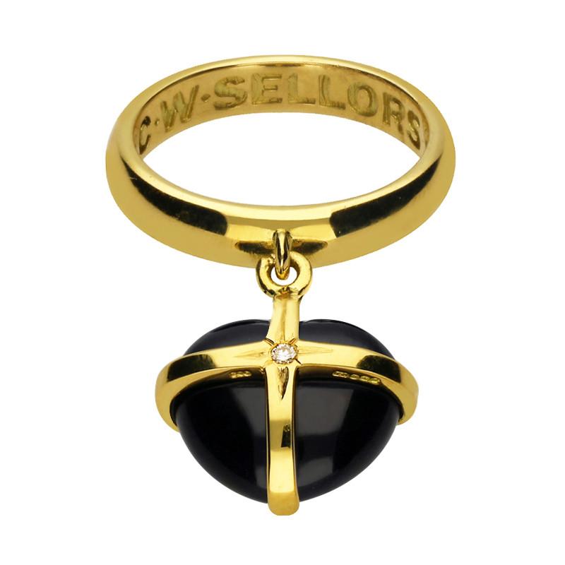 18ct Yellow Gold Whitby Jet and Diamond Cross Heart Drop Ring