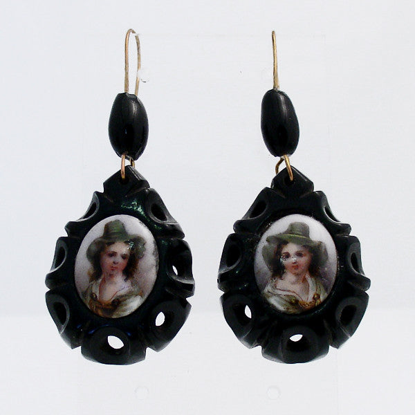 Whitby Jet Antique Carved Teardrop Coloured Cameo Drop Earrings