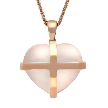 9ct Rose Gold Rose Quartz Large Cross Heart Necklace