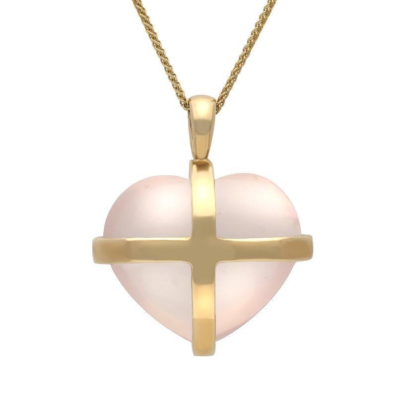 9ct Yellow Gold Rose Quartz Large Cross Heart Necklace