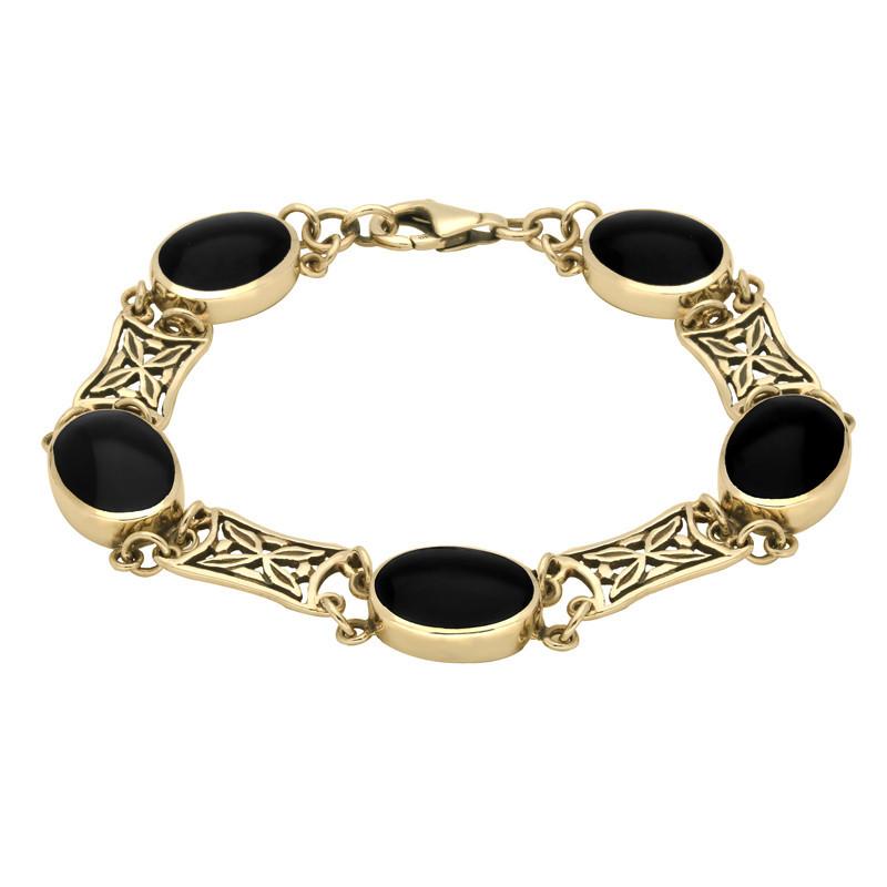 9ct Yellow Gold Whitby Jet Five Stone Pierced Oval Bracelet