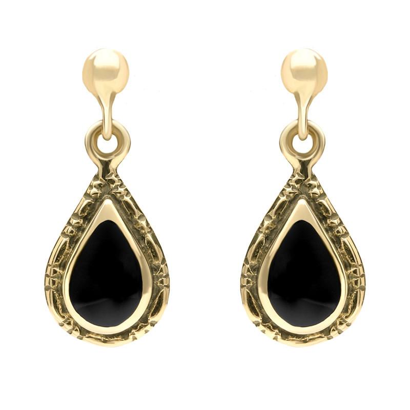 9ct Yellow Gold Whitby Jet Small Pear Drop Earrings