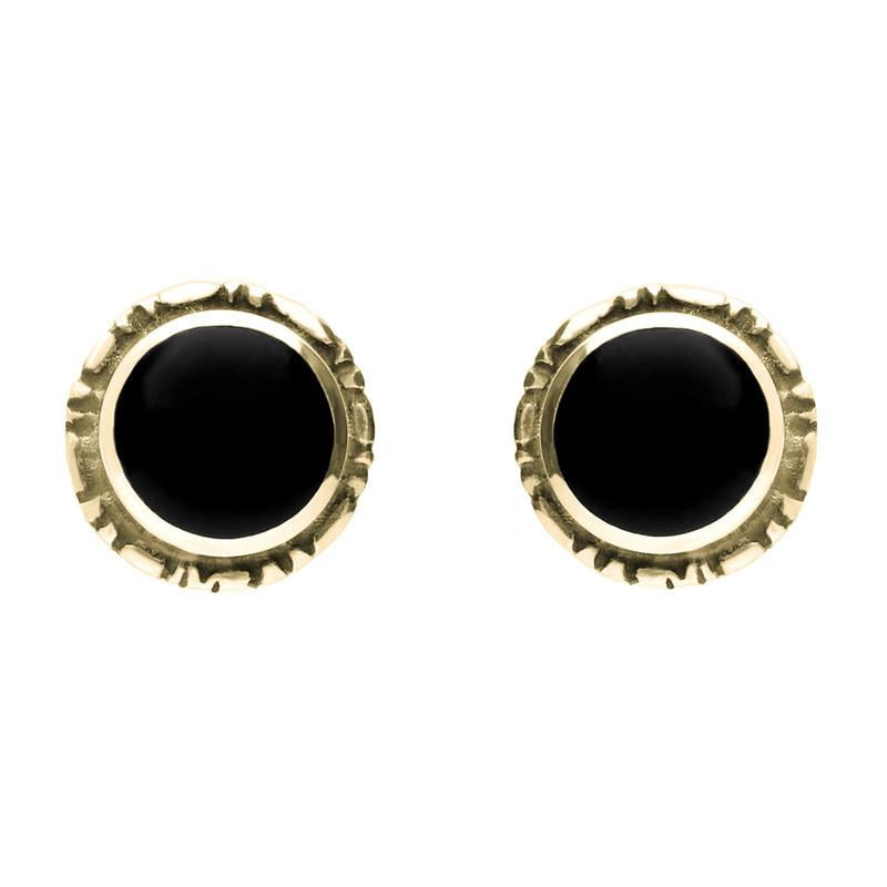 9ct Yellow Gold Whitby Jet Small Round Rope Edge Stud Earrings