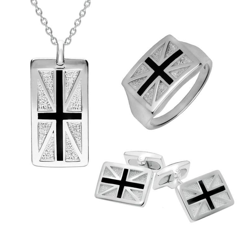 Sterling Silver Whitby Jet Union Jack Three Piece Set