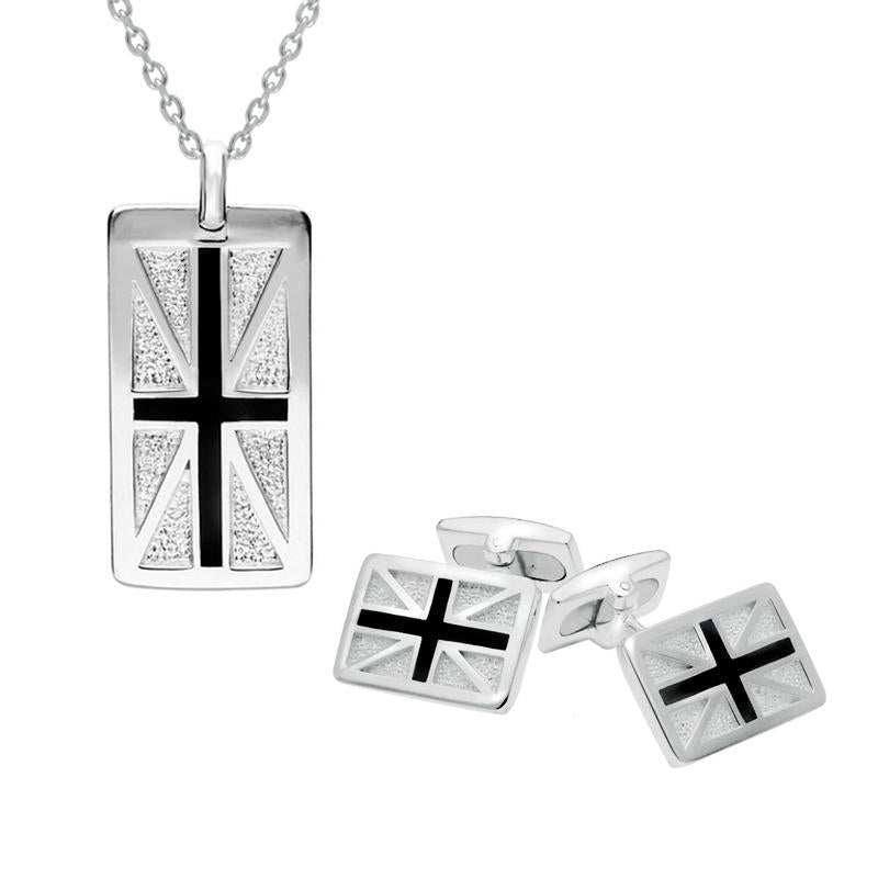 Sterling Silver Whitby Jet Union Jack Two Piece Set