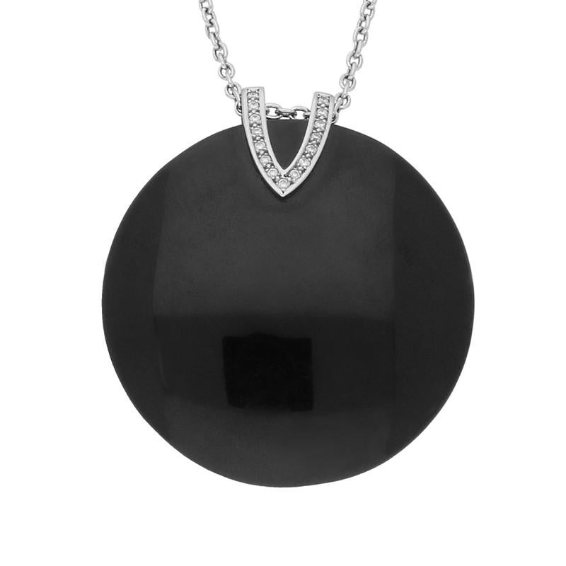 Platinum Diamond and Whitby Jet V Top Large Disc Necklace