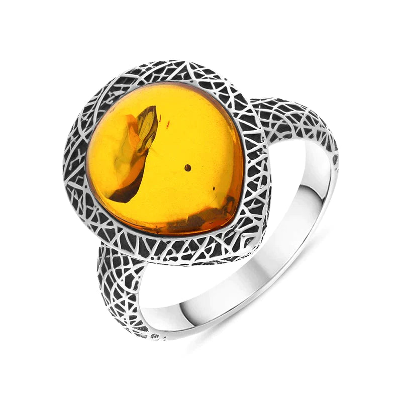 Sterling Silver Cognac Amber Basket Weave Edge Pear Ring