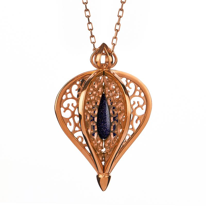 Rose Gold Plated Sterling Silver Blue Goldstone Flore Filigree Small Necklace