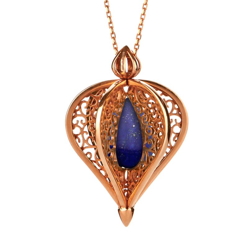 Rose Gold Plated Sterling Silver Lapis Lazuli Flore Filigree Droplet Necklace