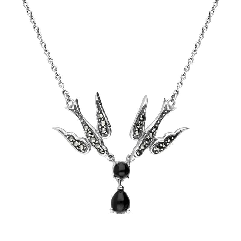 Sterling Silver Whitby Jet Marcasite Double Swallow Necklace
