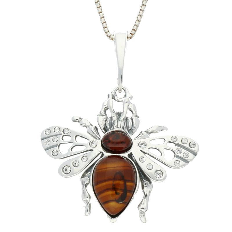 Sterling Silver Amber and Cubic Zirconia Wings Bee Medium Necklace