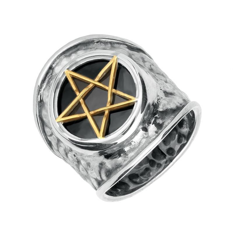 Sterling Silver Gold Plated Whitby Jet Pentagram Hammered Effect Shank Ring